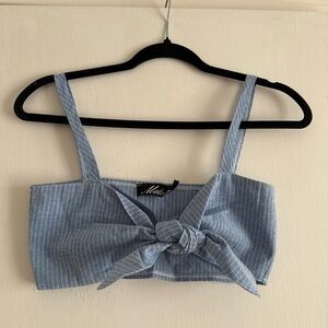 Motel Rocks Light Blue Pinstripe Front Tie Crop Top
